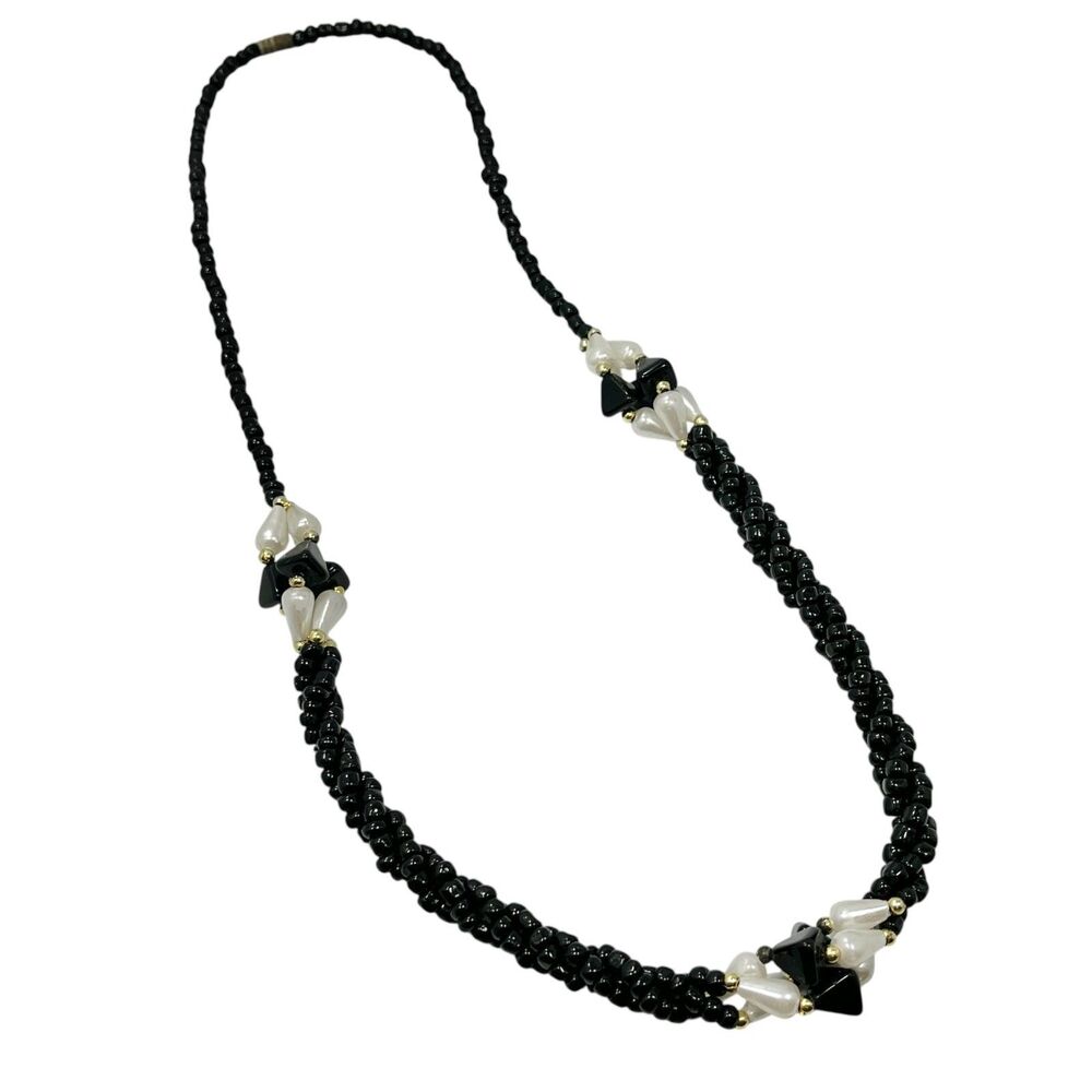 Vintage Beaded Necklace Faux White Pearl Black Glass Beads 22" Elegant Cocktail